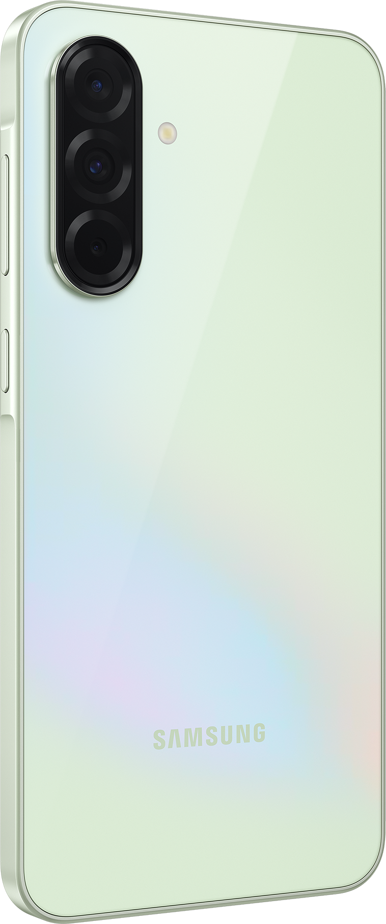 Zöld telefon több hátsó kamerával. Tiszta fehér háttér.