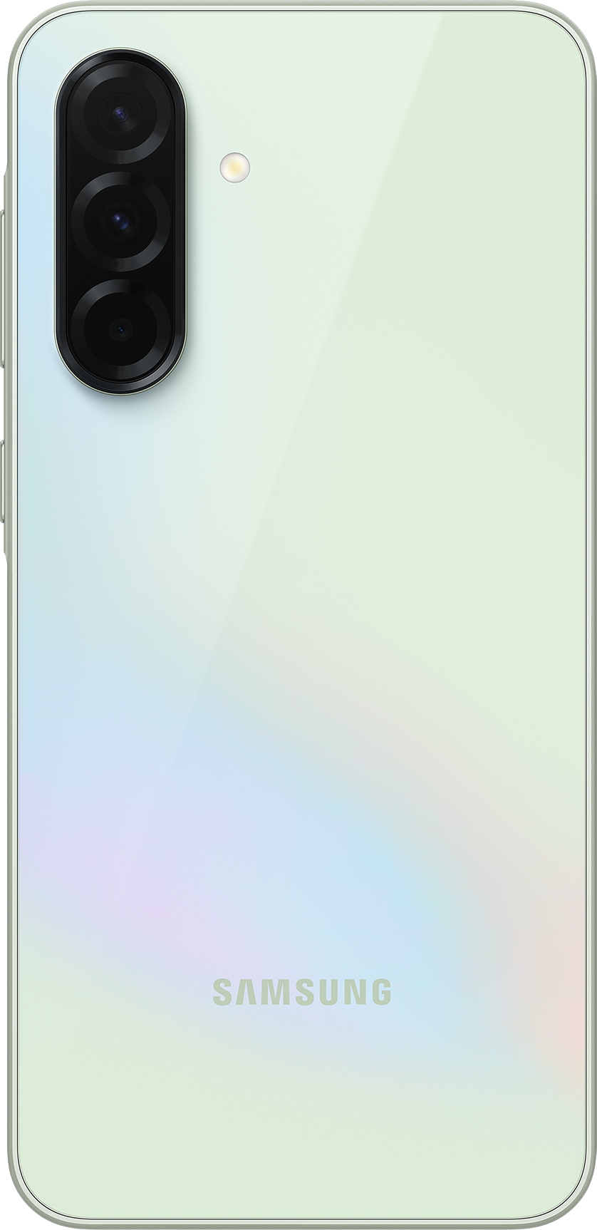 Egy fehér telefon 3 kamerával a hátulján. A hátlap fehér és irizáló.
