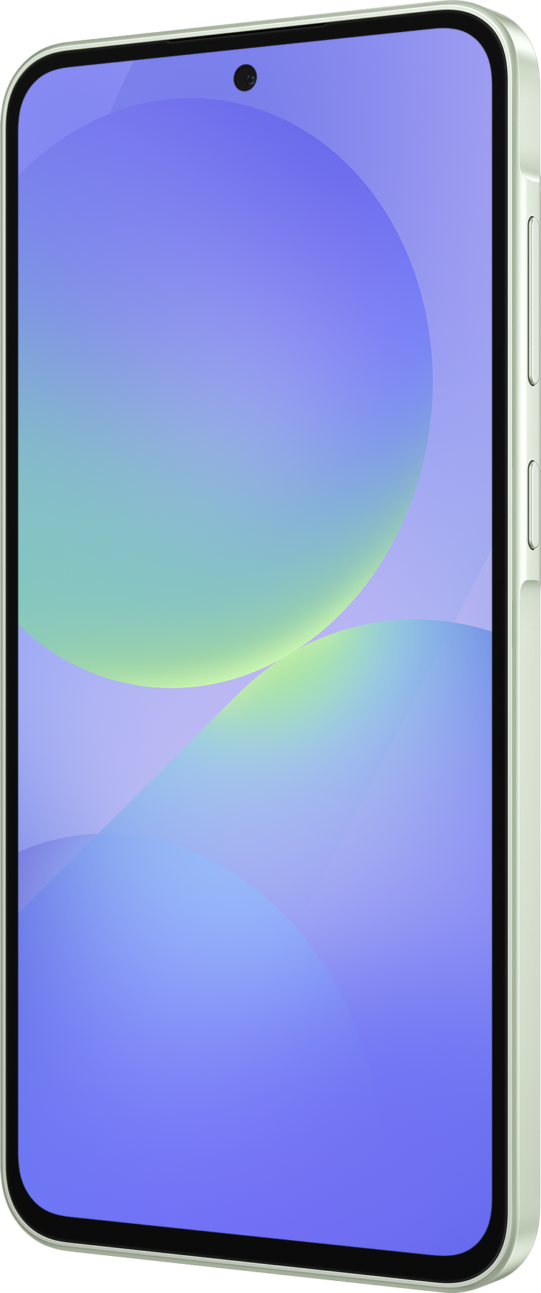 Zöld telefon enyhén szögben, lila és zöld átmenetes háttérrel.