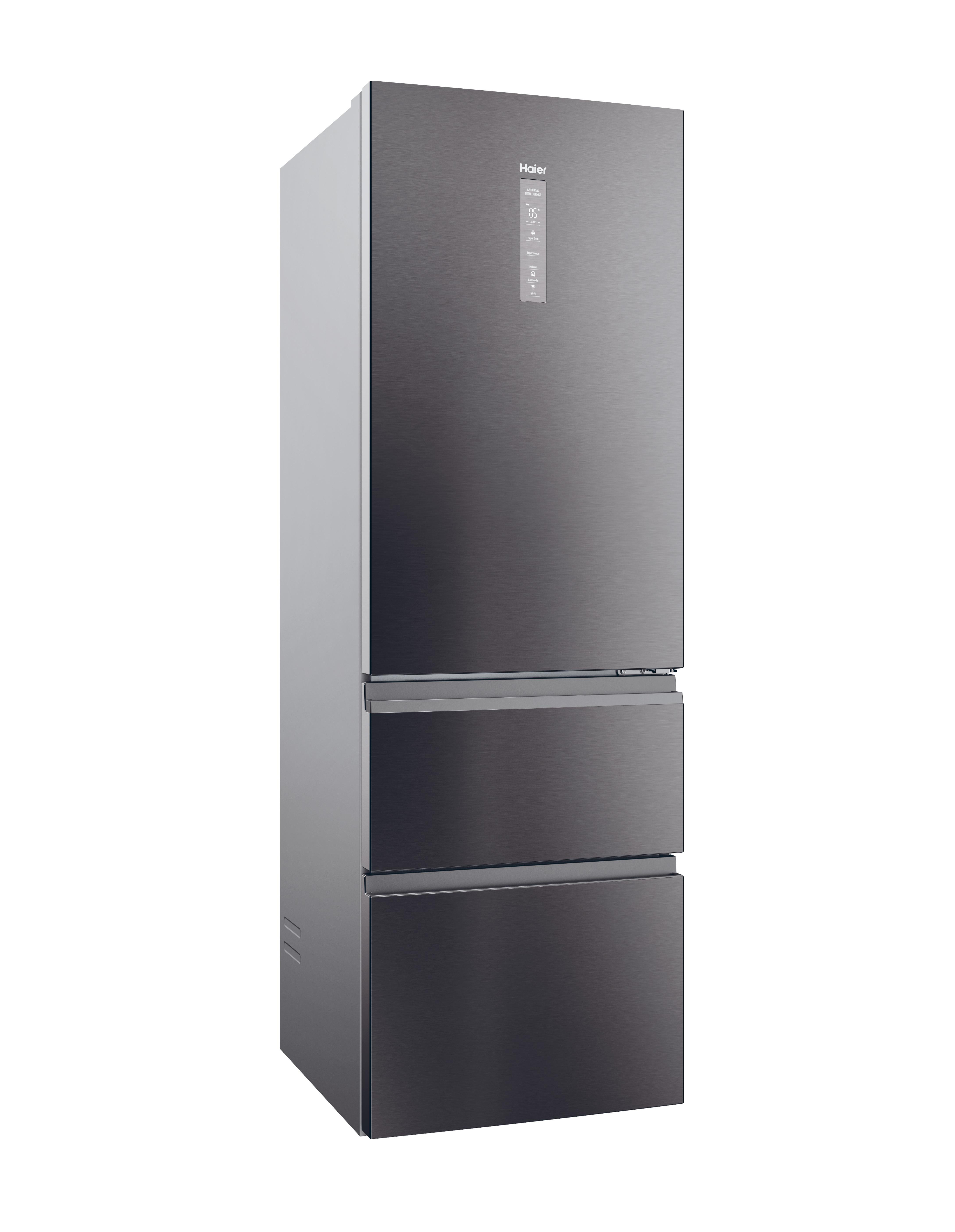 Schwarzer Haier Kühlschrank mit drei Schubladen.