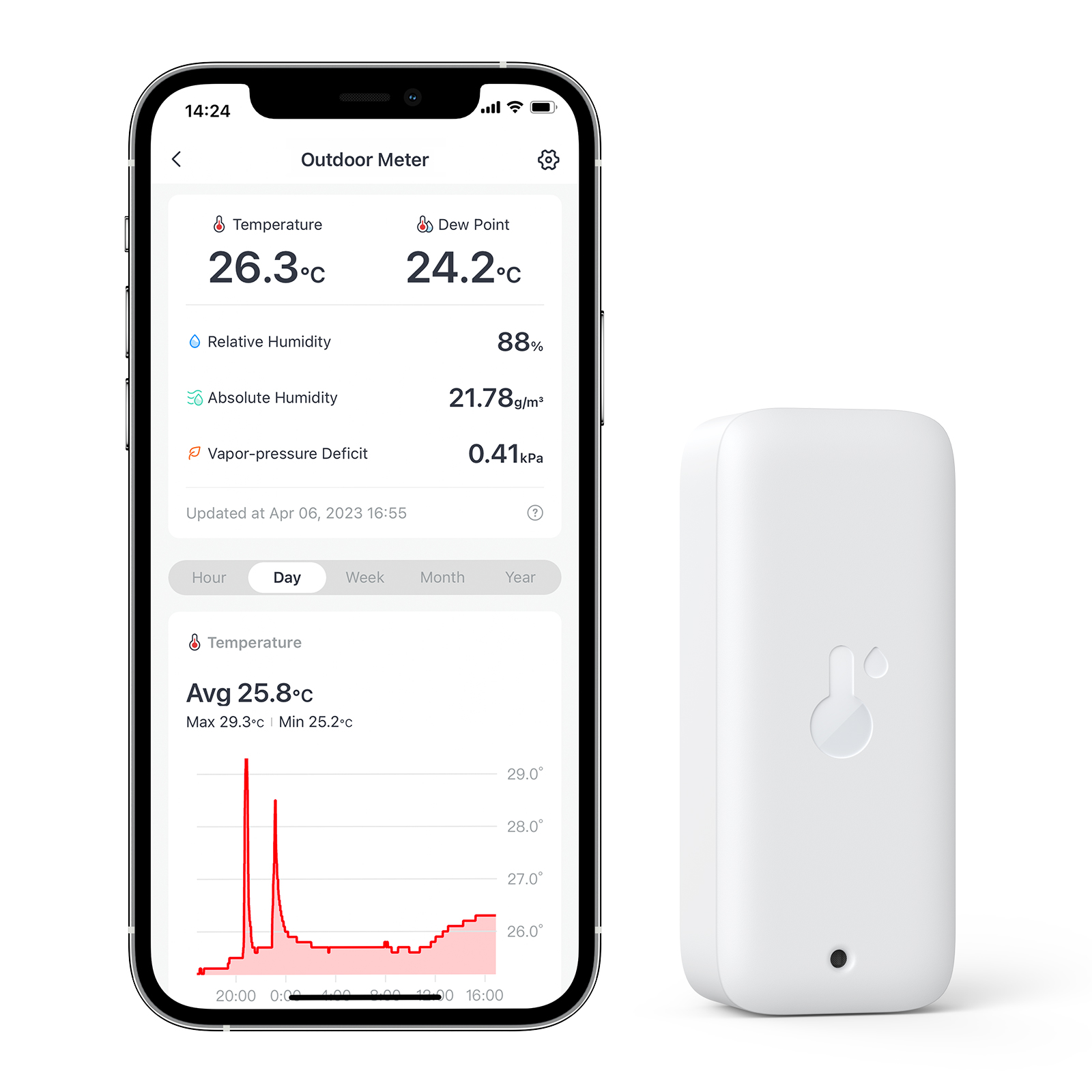 Ein Smartphone, das Wetterdaten anzeigt, neben einem weißen Sensor.