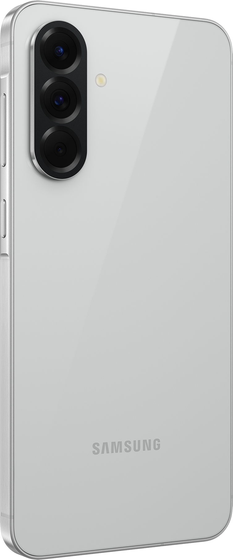 Fehér okostelefon hátlap. Három kamera, vaku és a Samsung logója látható. A háttér fekete.