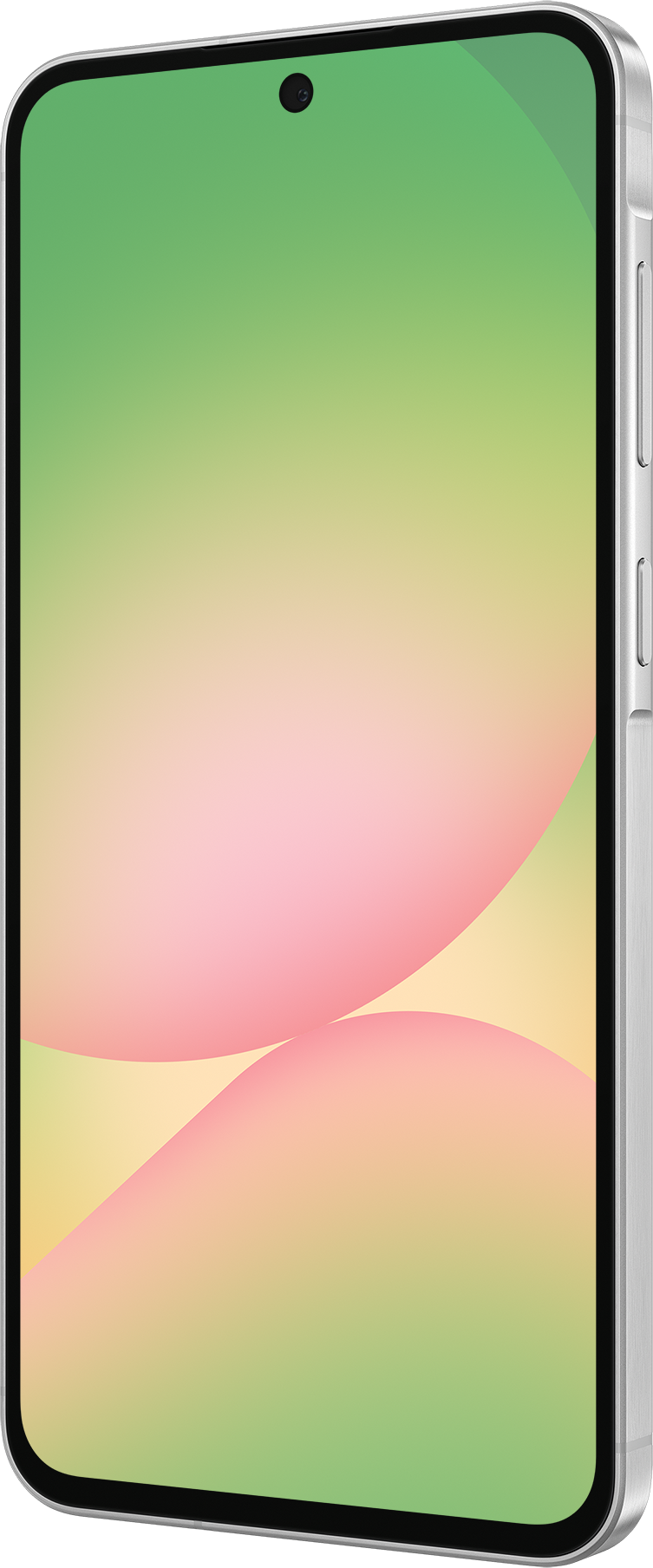 Okostelefon zöld, sárga és rózsaszín színátmenetes kijelzővel. A telefon világosszürke tokban van.