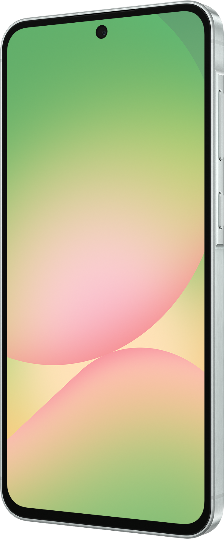 Ezüst telefon zöld és rózsaszín átmenetes képernyővel, ferde nézetben.