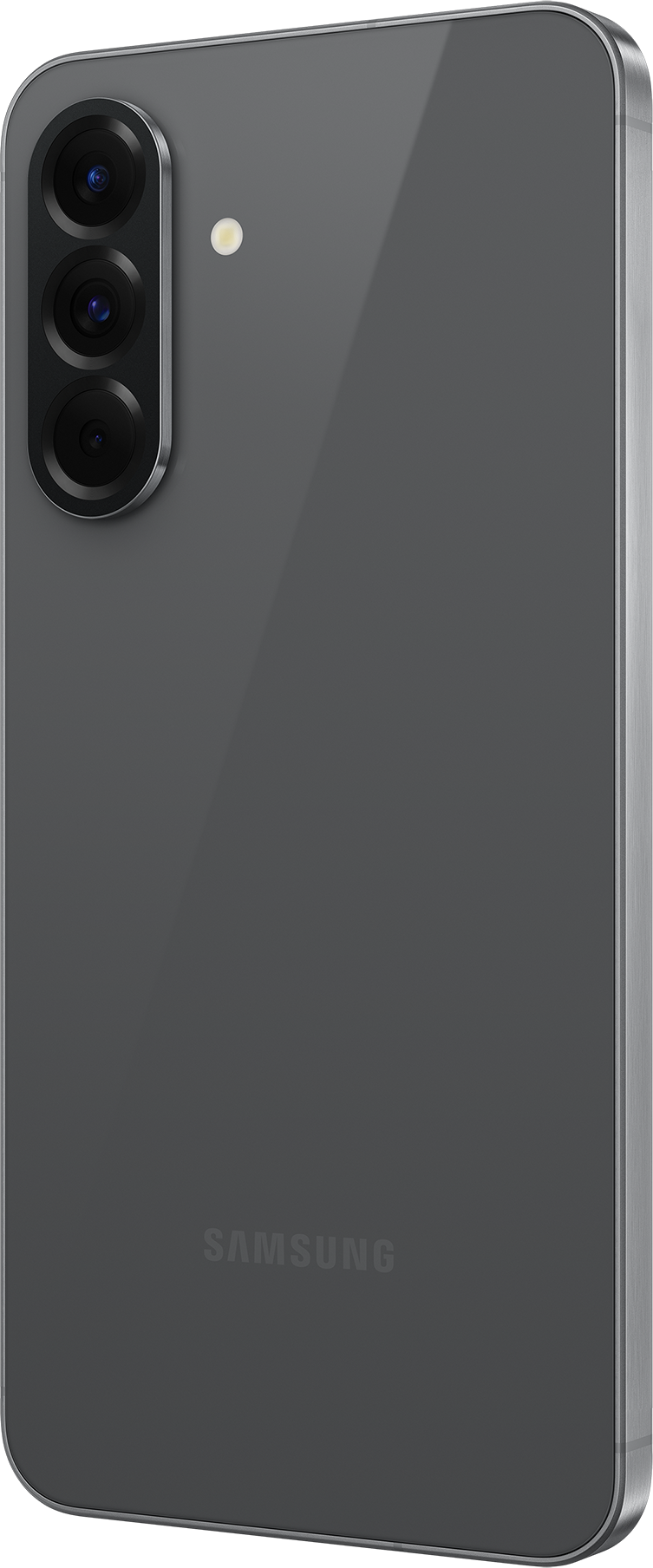 Egy szürke Samsung telefon hátulja. A telefonon három kamera és a Samsung felirat látható.