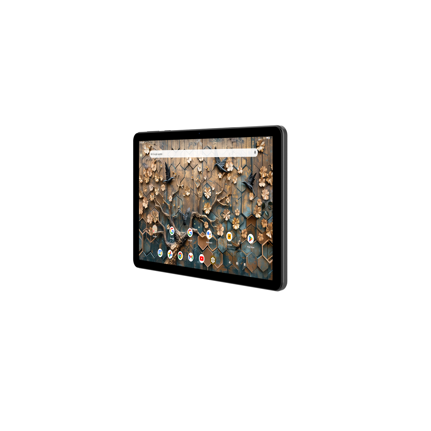 Une tablette sur fond blanc, avec un mur décoratif en arrière-plan. La tablette est noire.