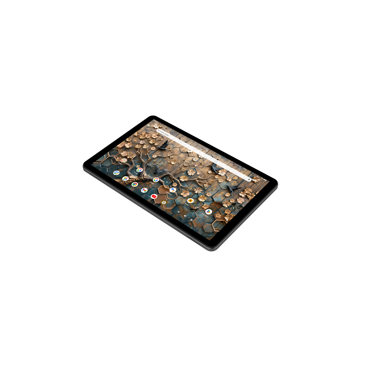 Tablette avec écran floral coloré, cadre noir, fond blanc.