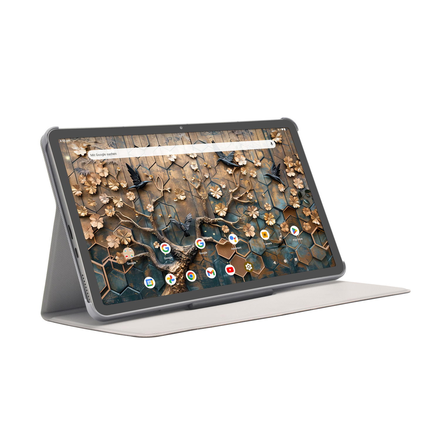 Tablette avec étui ouvert, affichant l'écran avec des icônes.