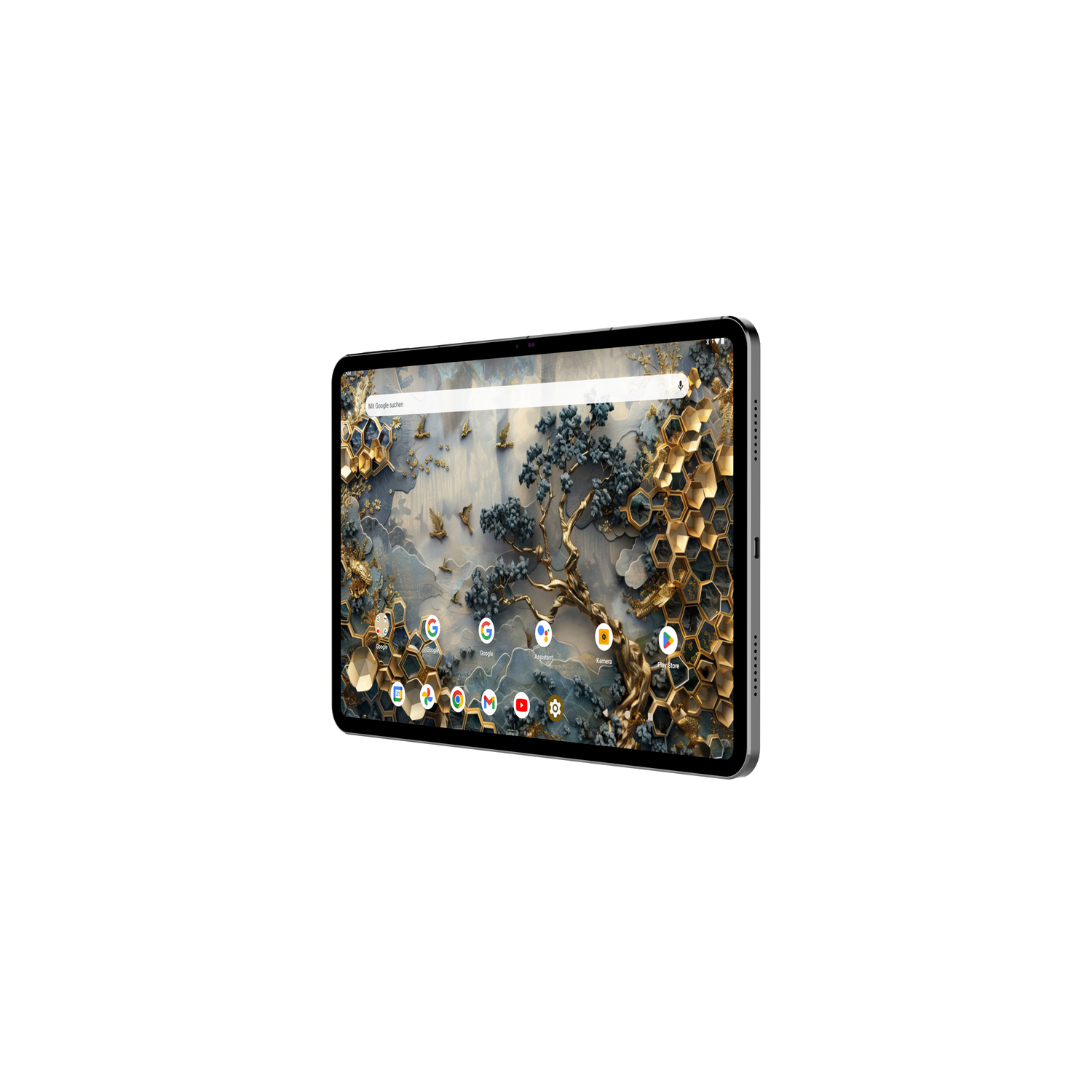Tablet with gold and blue art display. Its screen shows a floral design and app icons.