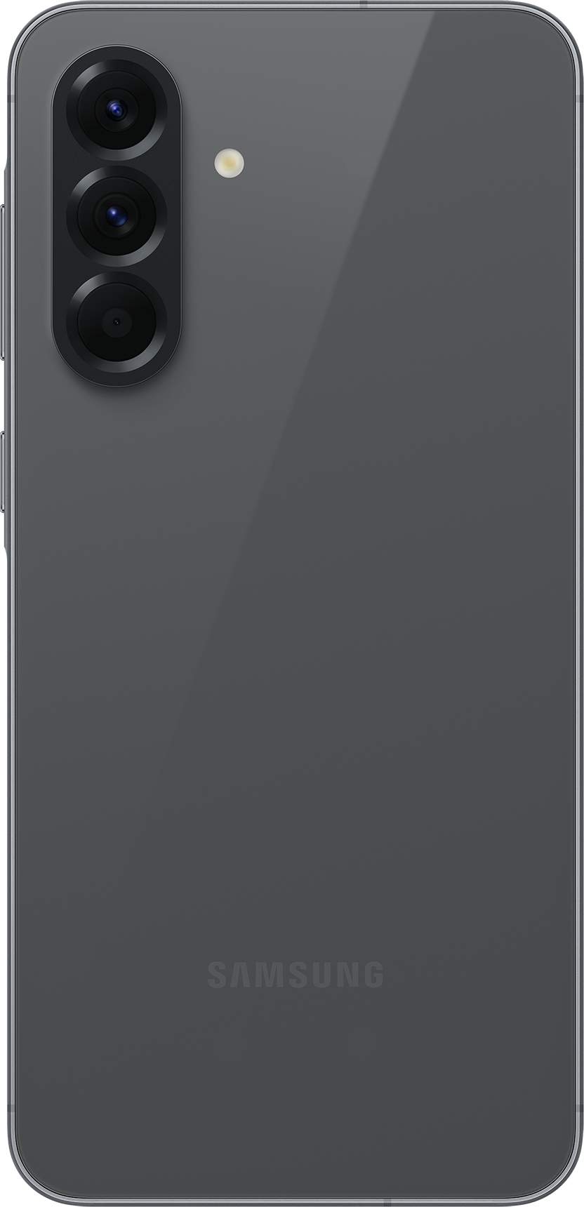 Egy szürke okostelefon hátulja, három kamerával, vakuval és a Samsung logóval.