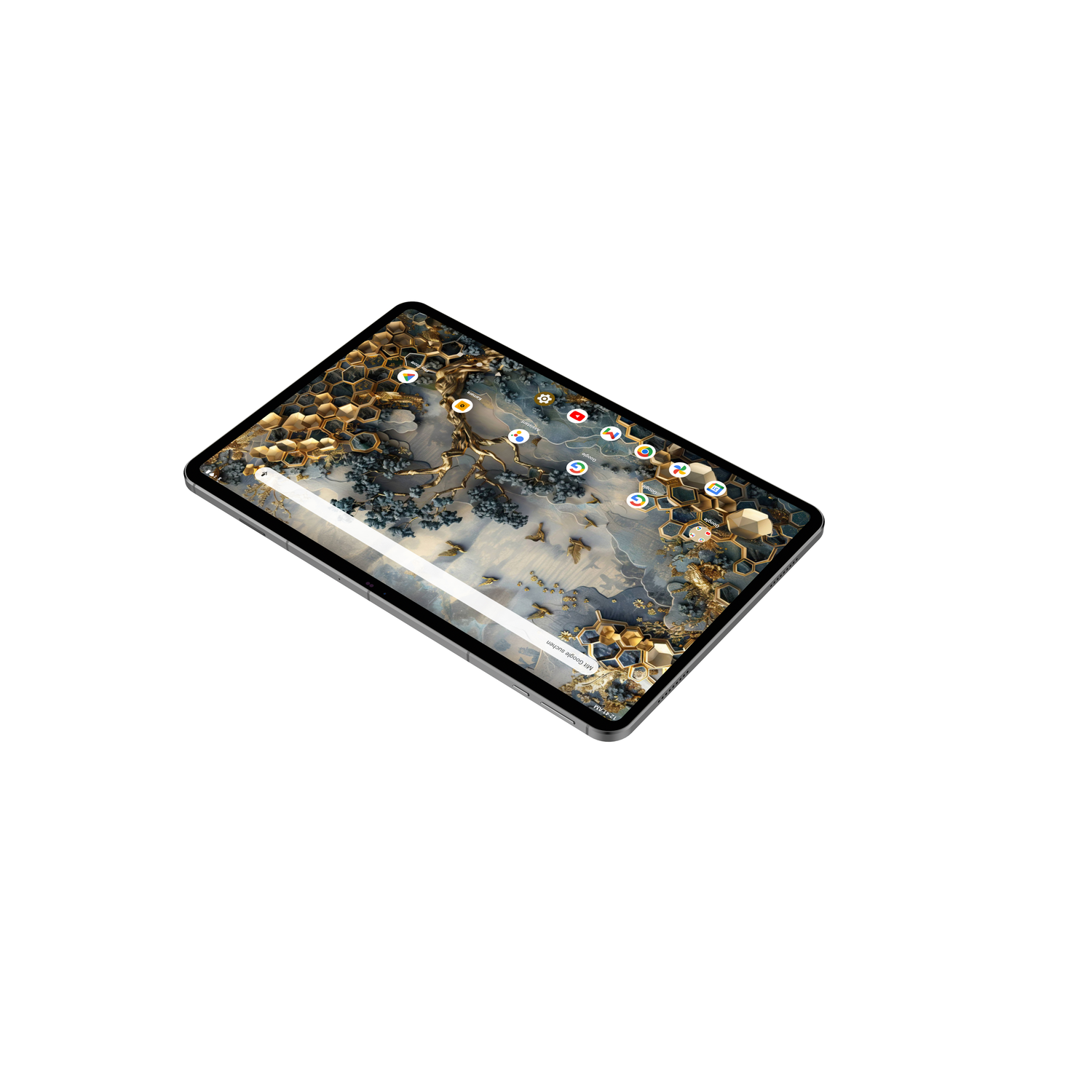 Tablet with a colorful screen. The screen displays a honeycomb pattern and app icons.
