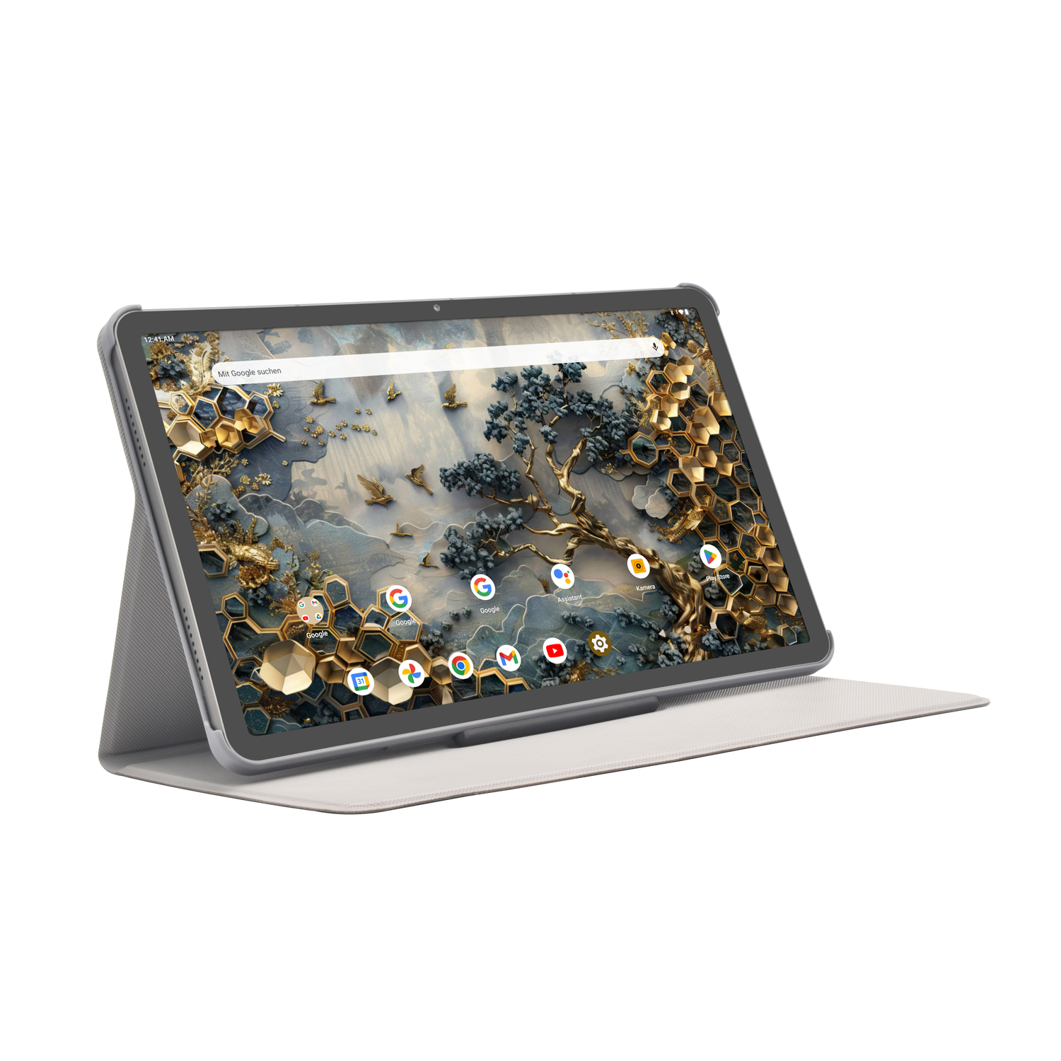 Tablet with a colorful background. Displaying a home screen with icons. The tablet is in a gray case.