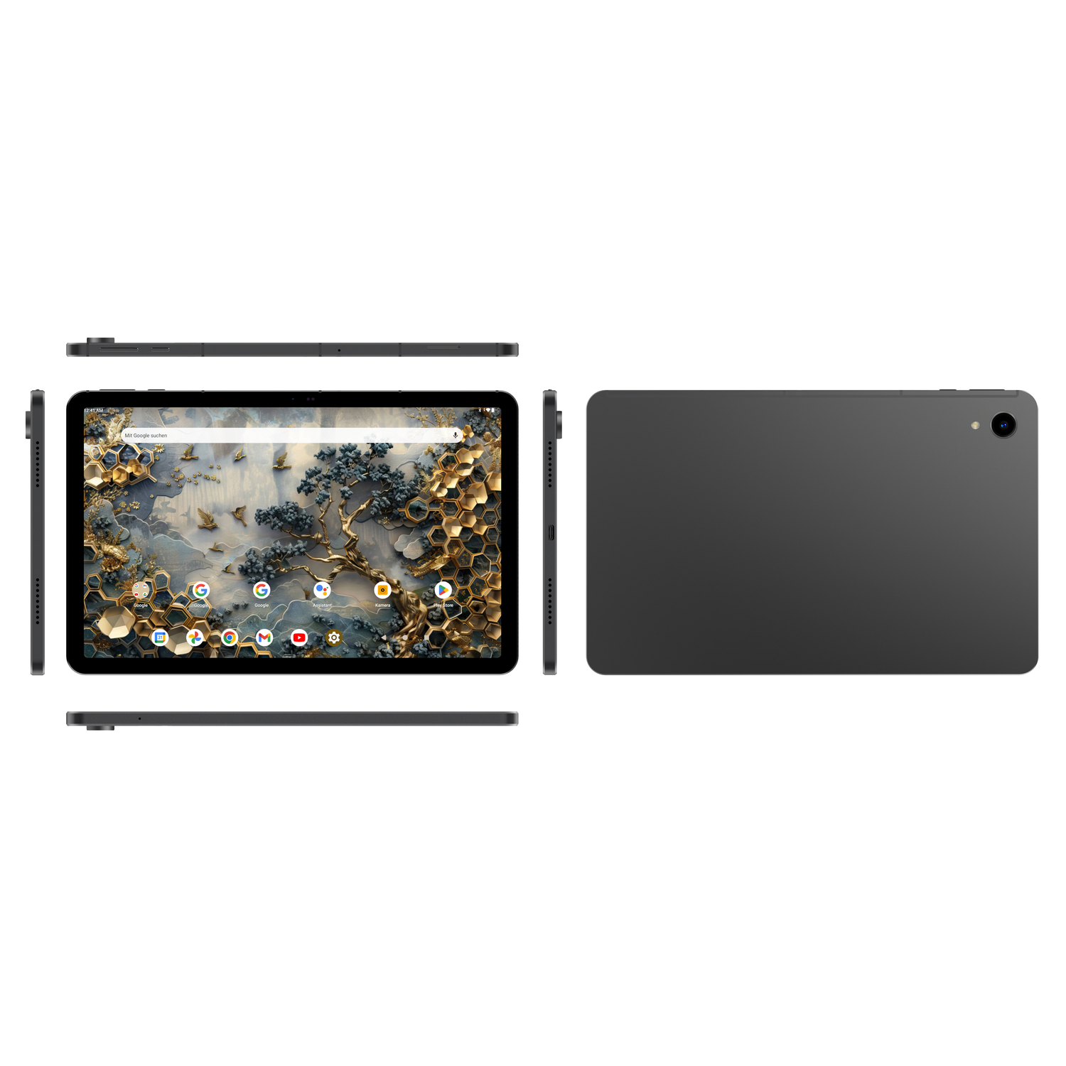 A tablet with multiple views, showing screen and sides. The screen has a floral design.
