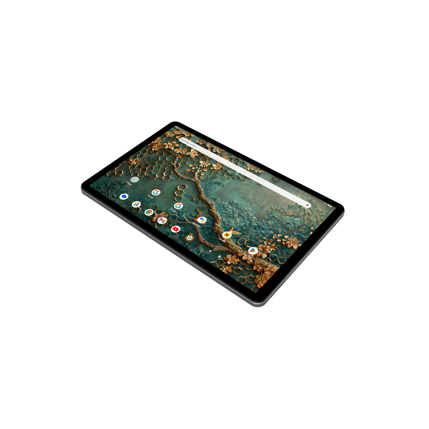 A tablet with a gold and green design. The screen shows some app icons.