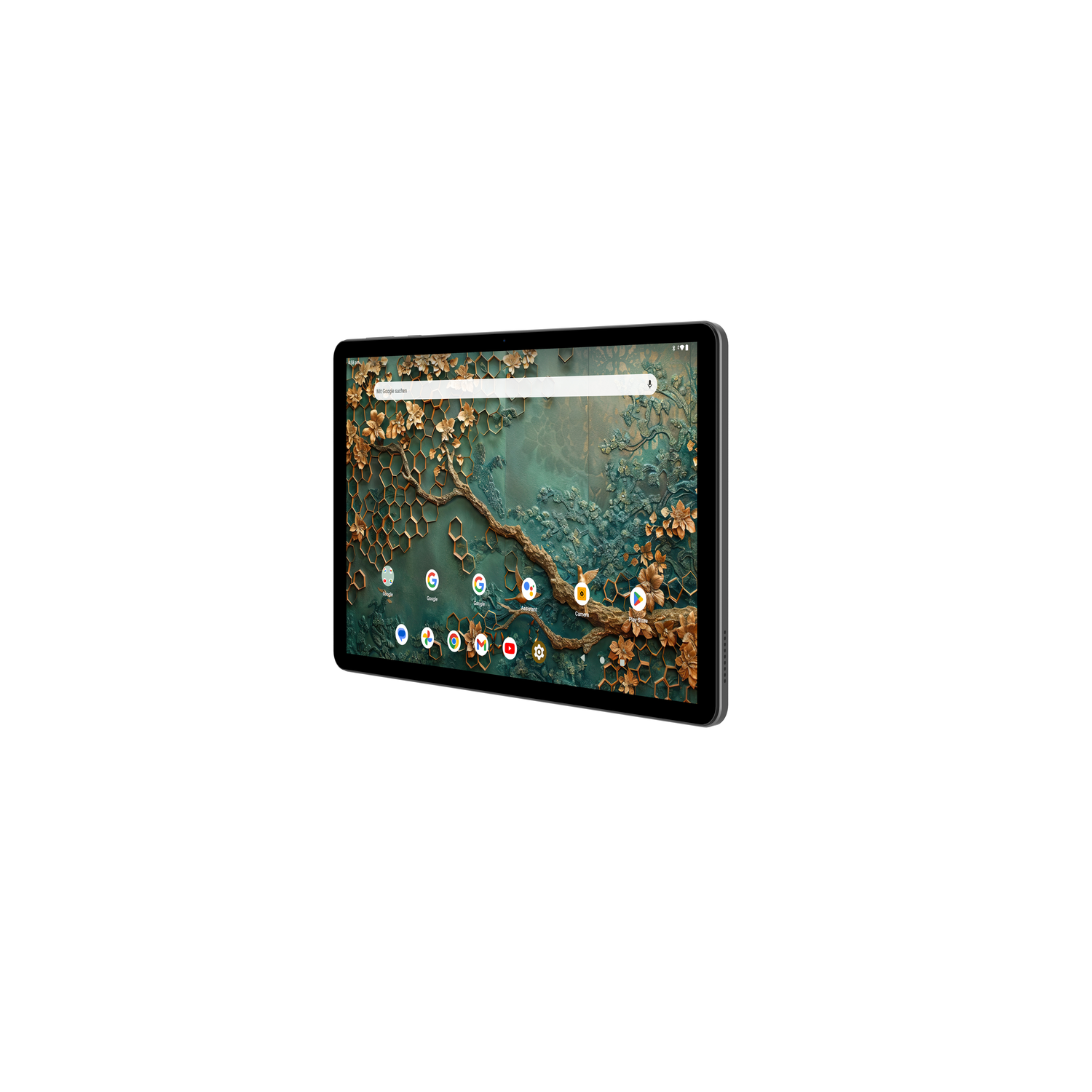 Black tablet displaying a screen with icons and a decorative floral background.
