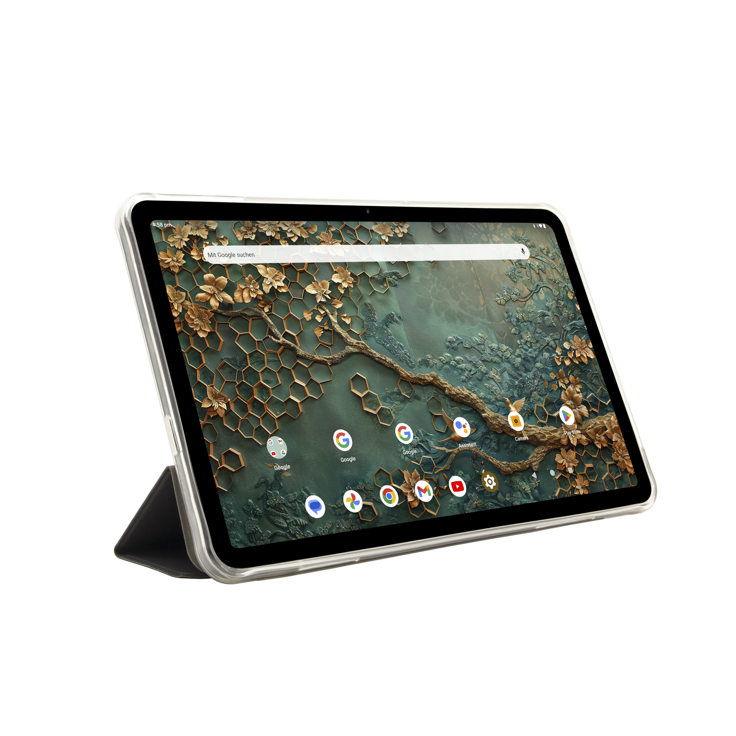 Tablet with clear case and a cover, displaying a background of leaves and flowers.