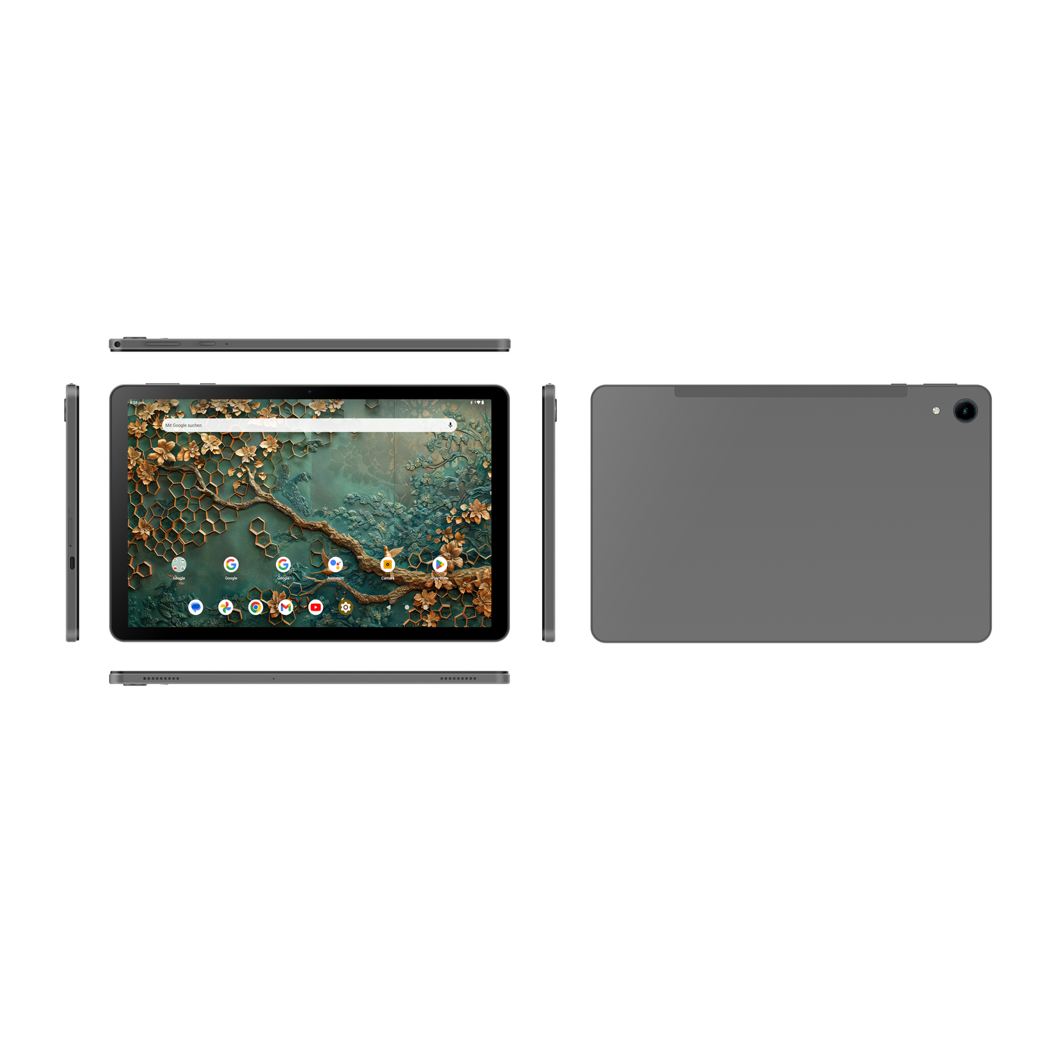 A gray tablet on white background. Shown from front, side, and back views. 