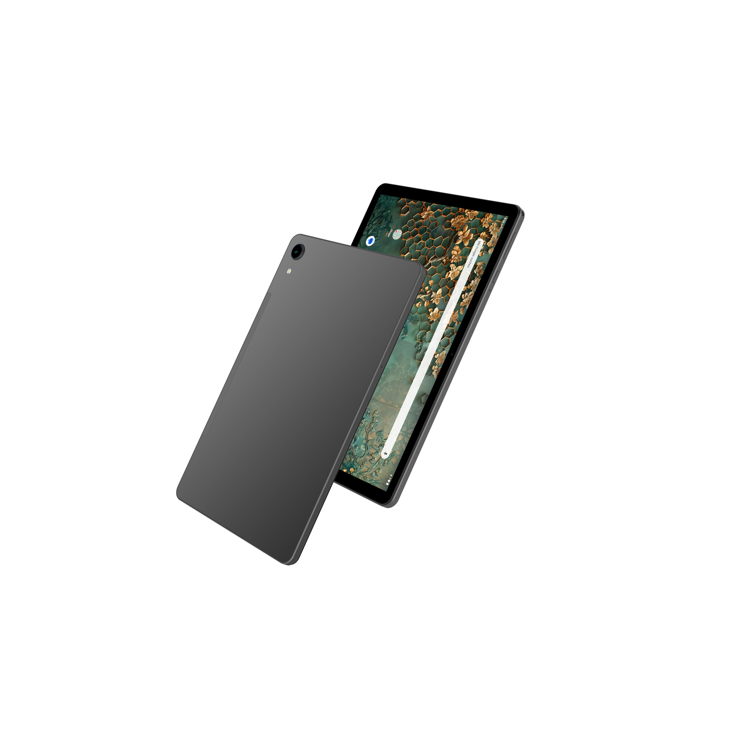 Two gray tablets, one showing a screen, against a white background.