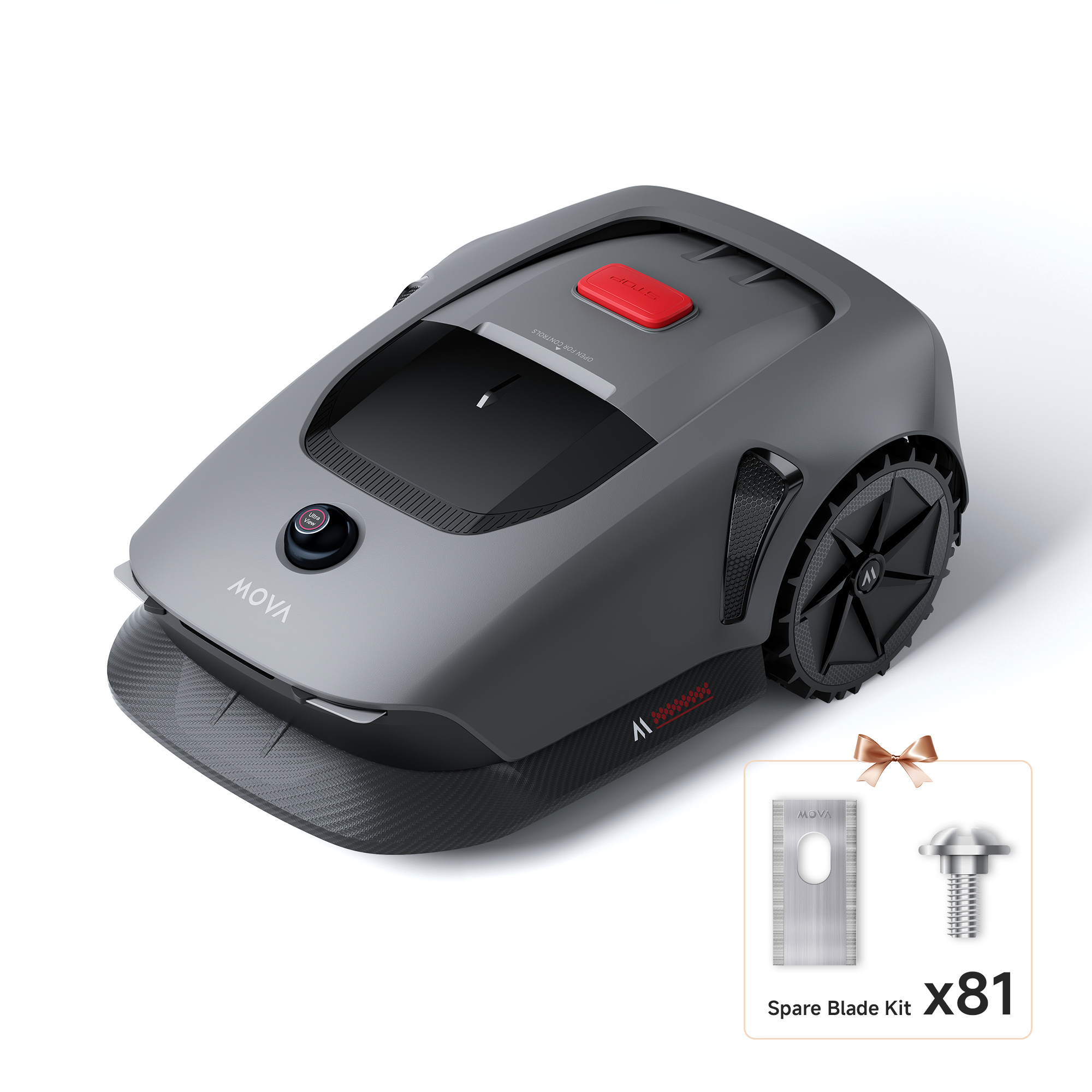 Grauer Roboter-Rasenmäher, schwarze Räder, roter Knopf. Ersatzklingen-Kit und Schleife.