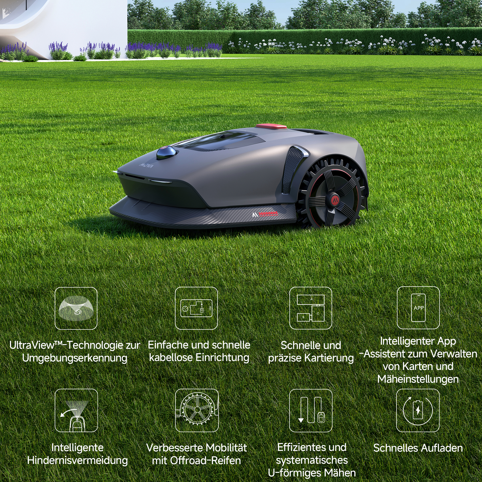 Mähroboter auf Gras. Text und Symbole unten. Grüner Rasen.
