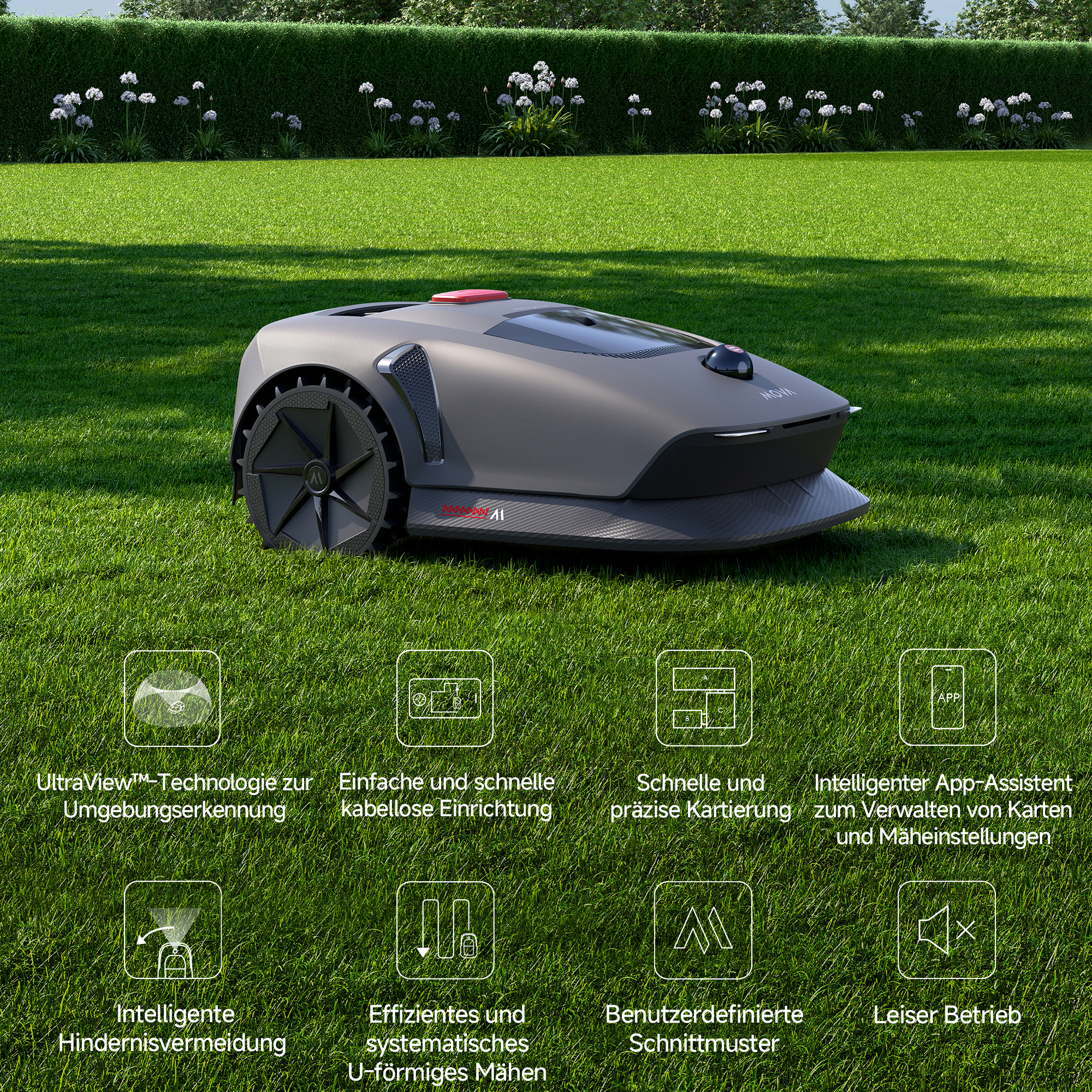 Ein grauer Roboter-Rasenmäher auf einem grünen Rasen mit Symbolen und Hecke im Hintergrund.