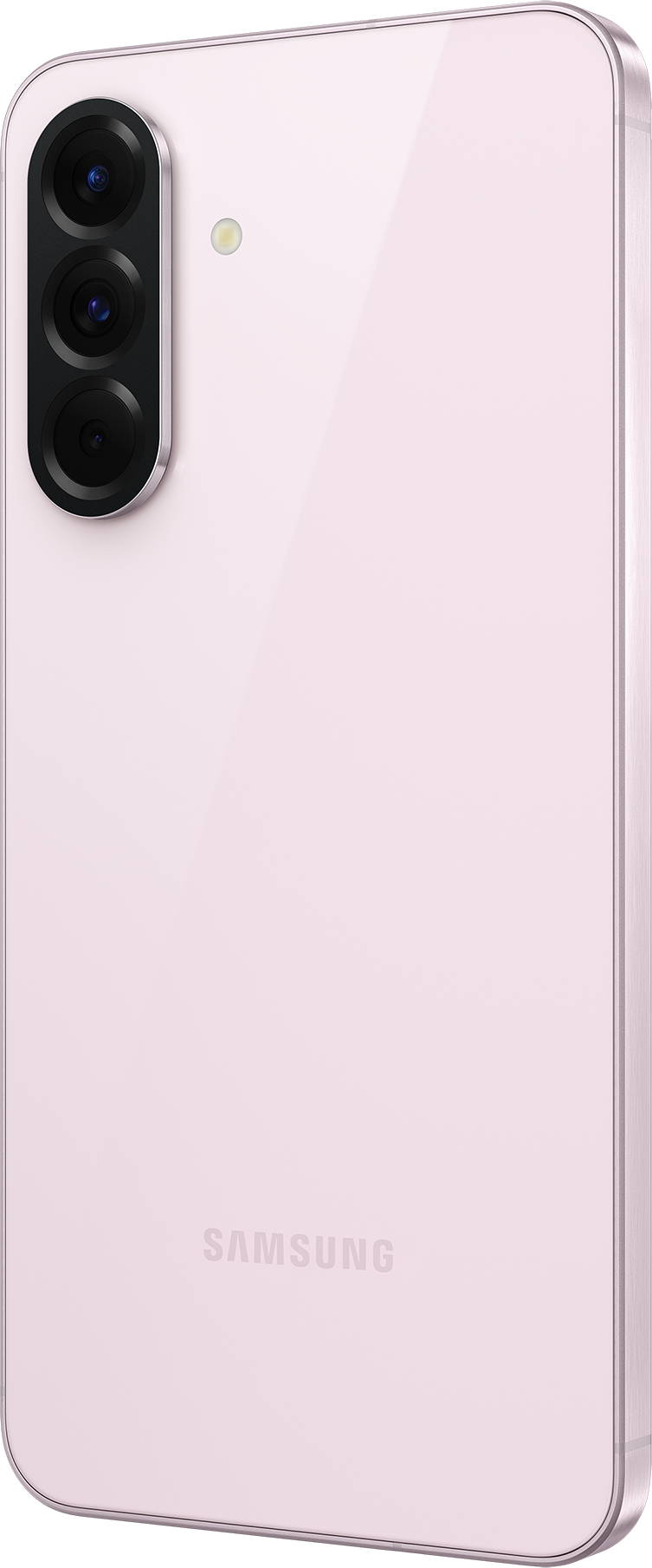 Rózsaszín telefon fekete kamerával. A telefon fehér háttéren van. A SAMSUNG felirat látható rajta.