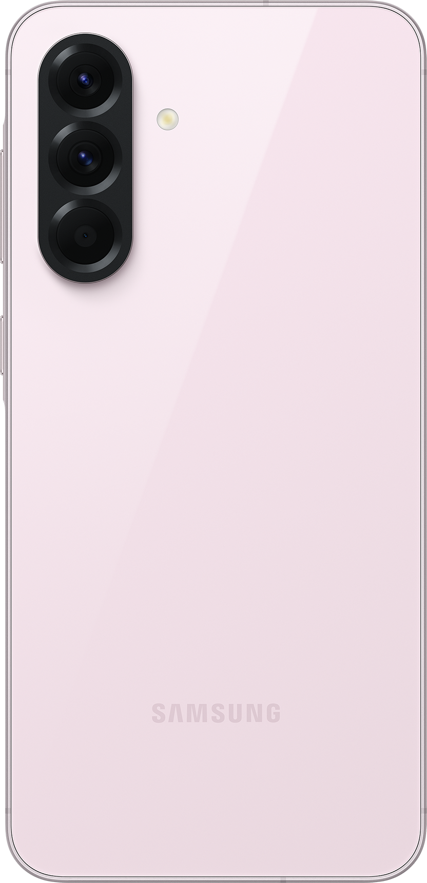 Egy rózsaszín Samsung telefon hátulja. Három kamera lencse és egy vaku látható.