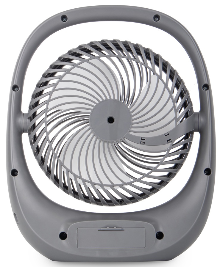 Szary wentylator z zakrzywionym uchwytem i okrągłą osłoną.