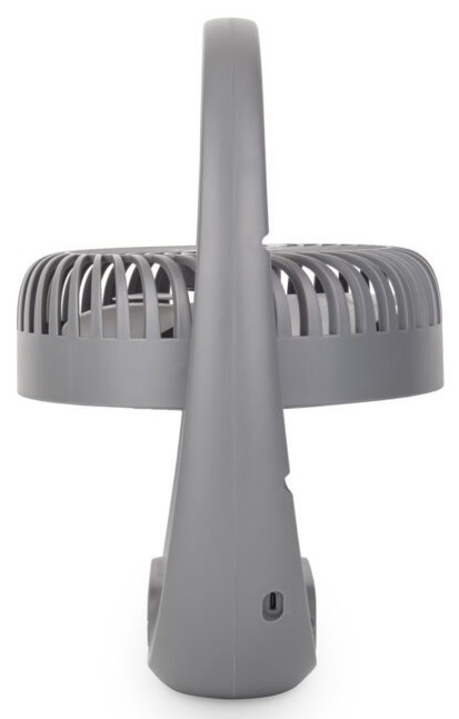 Szary wentylator z uchwytem, pochylony na bok.