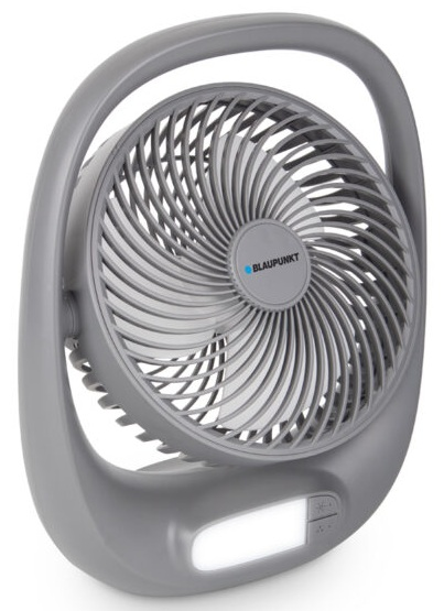 Szary wentylator Blaupunkt z uchwytem. Wentylator ma okrągłą konstrukcję ze światłem na dole.
