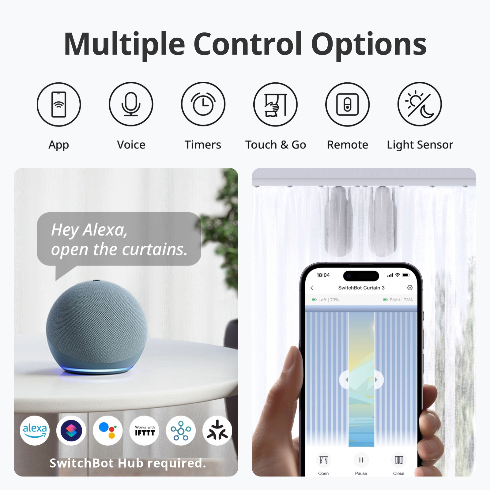 Smart-Home-Setup: Sprachassistent, Vorhänge und Telefon. Steuerungsoptionen werden gezeigt.