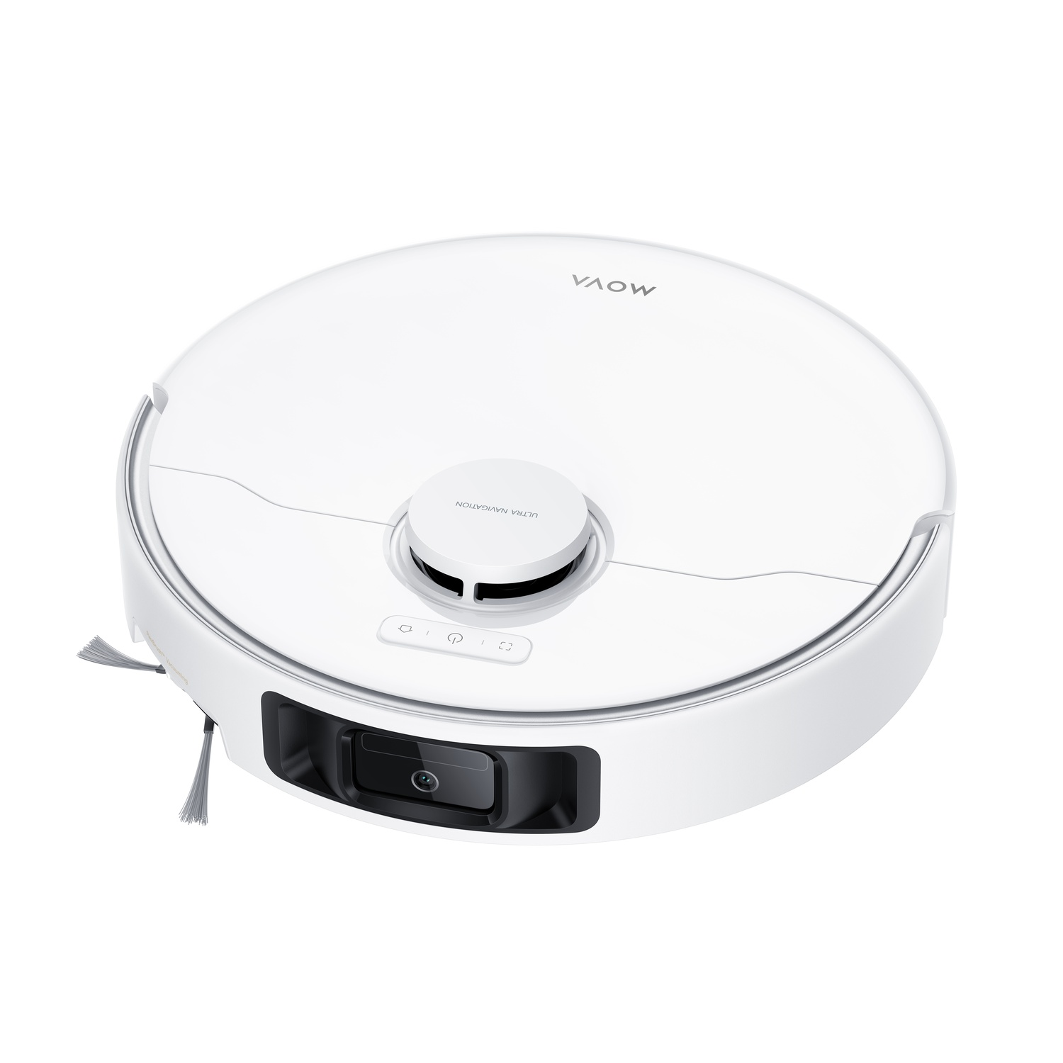 Aspirateur robot blanc avec une caméra noire à l'avant. VAOW est écrit sur le dessus.