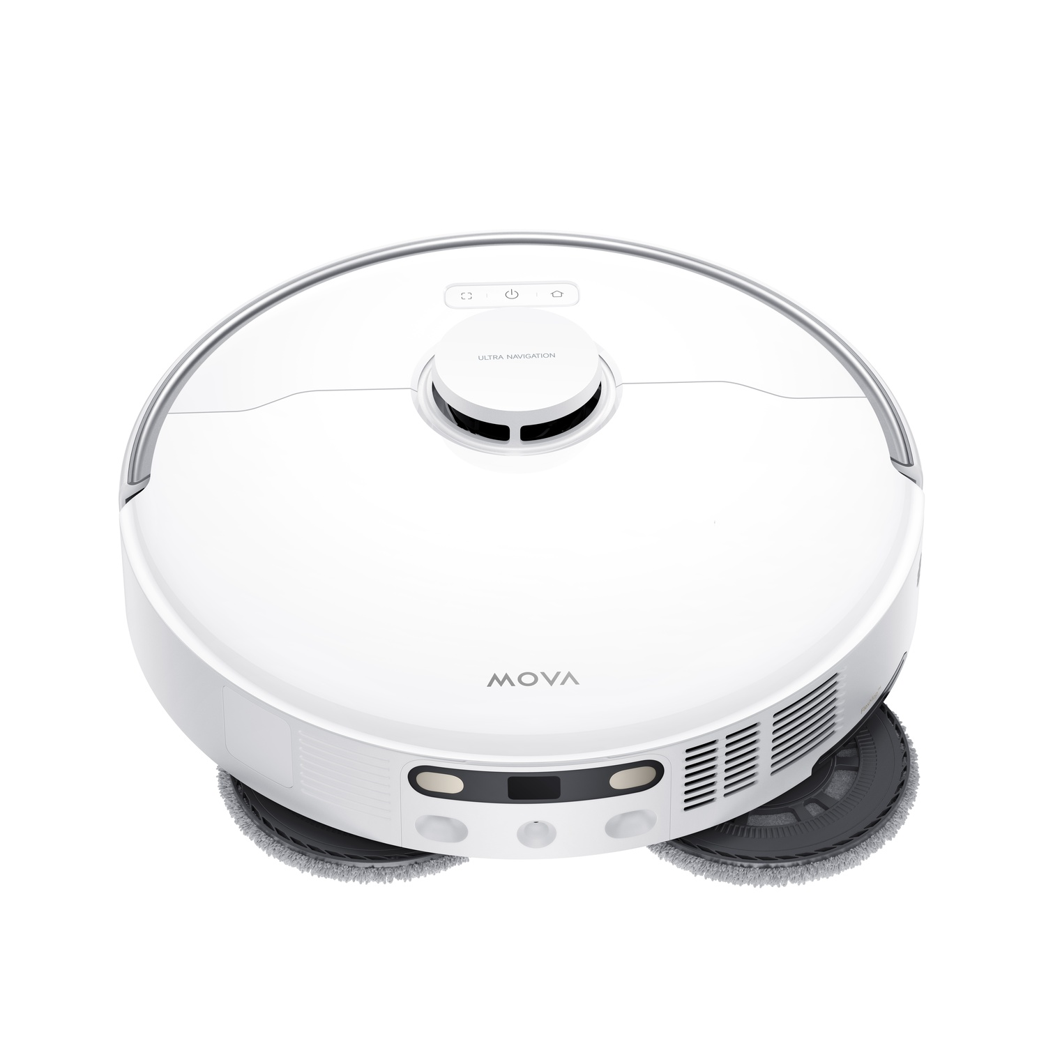 Un aspirateur robot blanc au design moderne, vue de dessus.