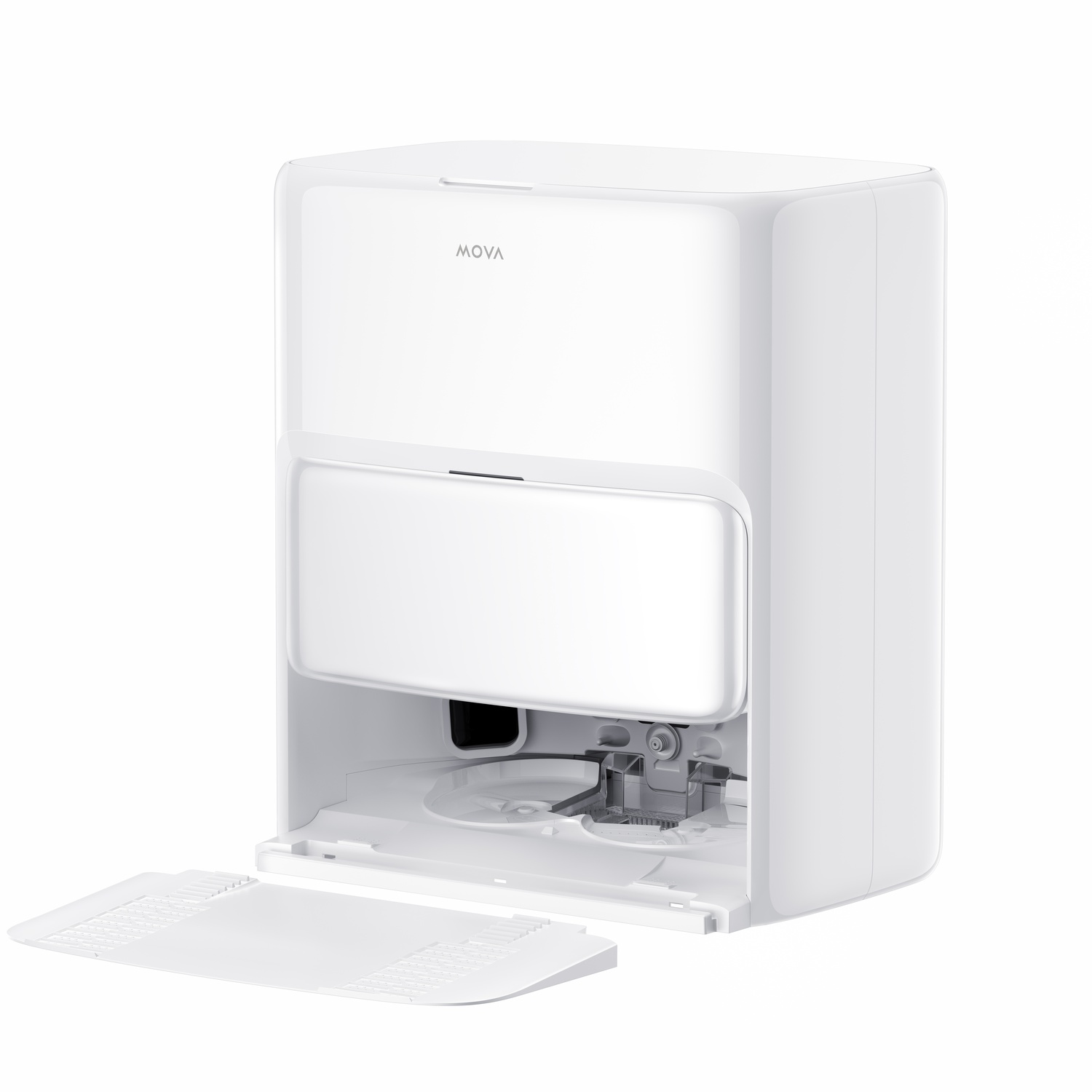 Un aspirateur robot MOVA blanc. Il a un compartiment ouvert avec une brosse et un plateau.