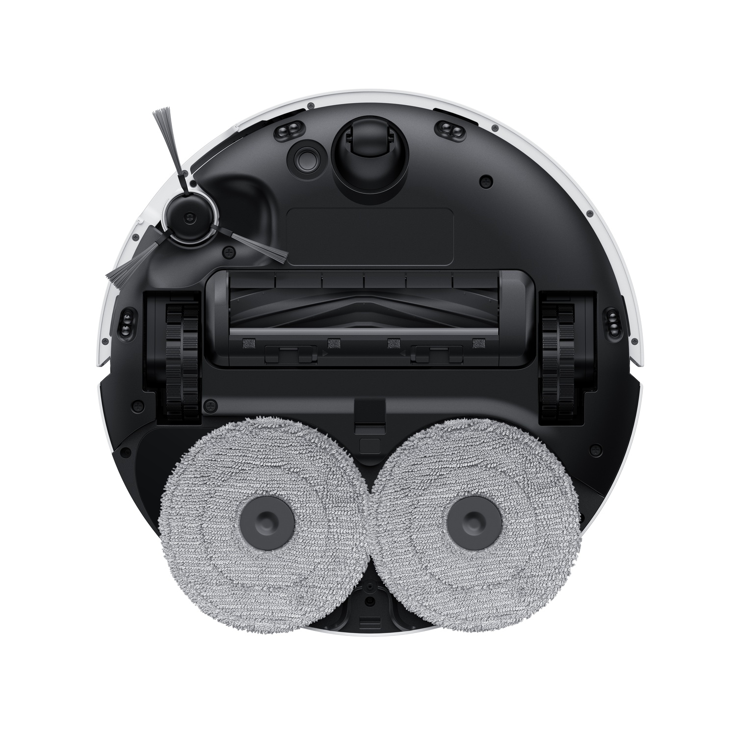 Vue de dessous d'un aspirateur robot blanc et noir.