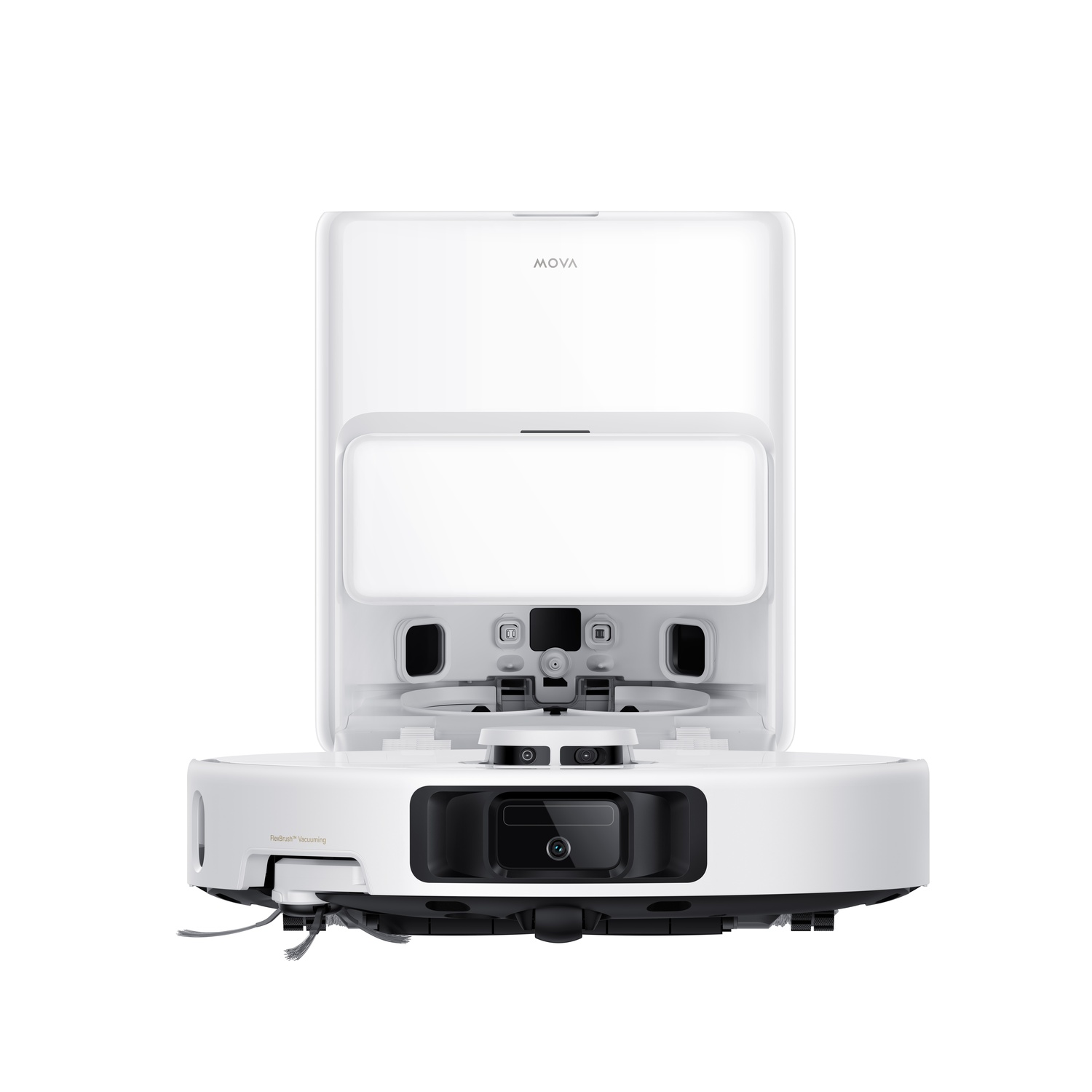 Un aspirateur robot blanc, ouvert, face à la caméra.