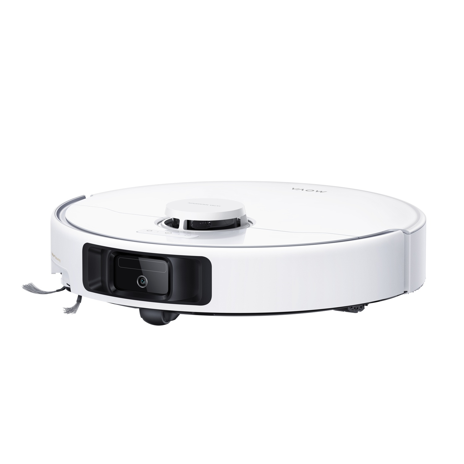 Aspirateur robot blanc avec caméra noire, sur fond blanc.