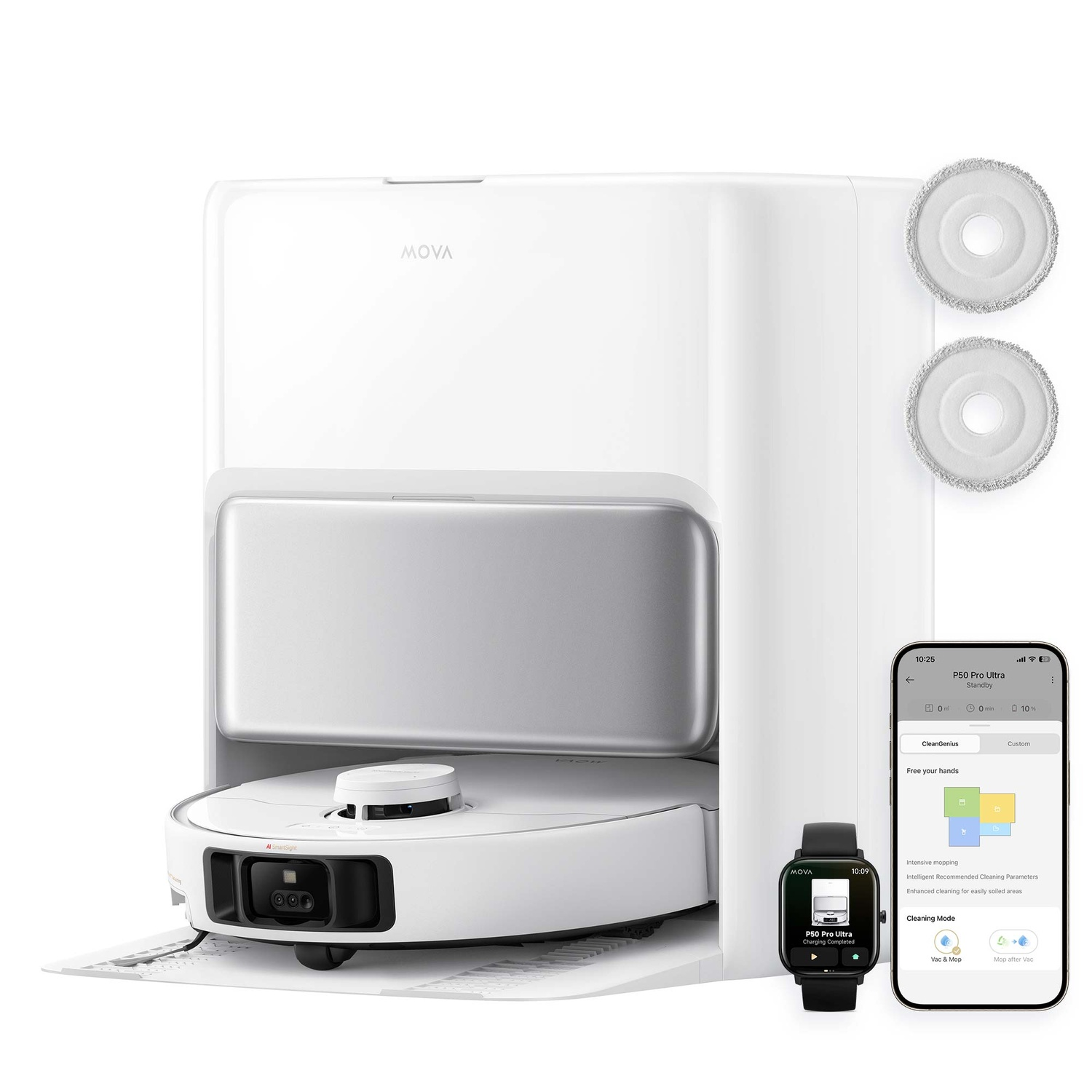 Aspirateur robot blanc avec station de base, montre connectée et téléphone. Fonctions de nettoyage.