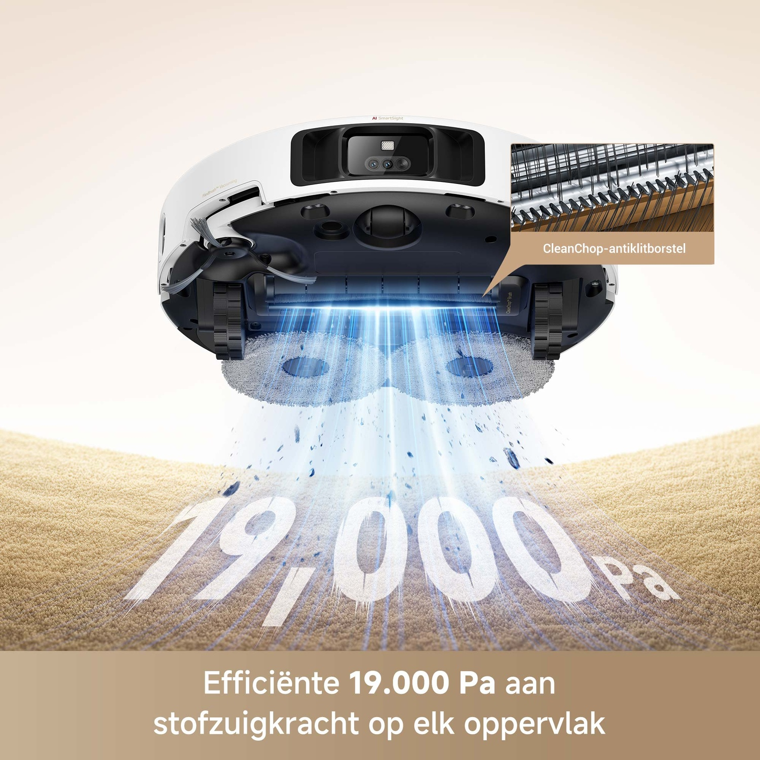 Robot vacuum cleaner cleaning a surface. Text indicates 19,000 Pa suction power.