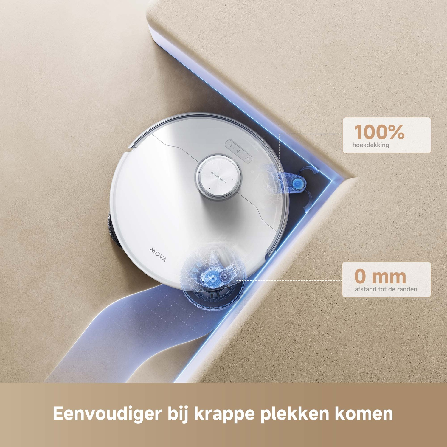 Robot vacuum cleaner cleaning, showing 100% coverage and edge cleaning.