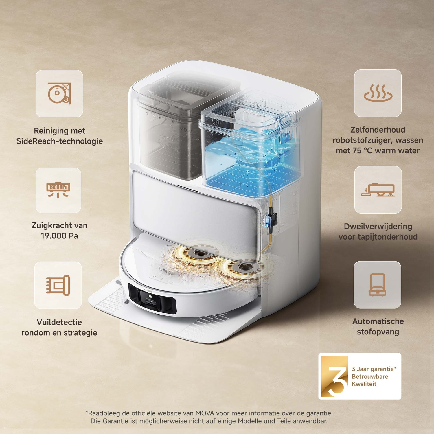 White robot vacuum cleaner, with a water tank. Diagrams and text are around.