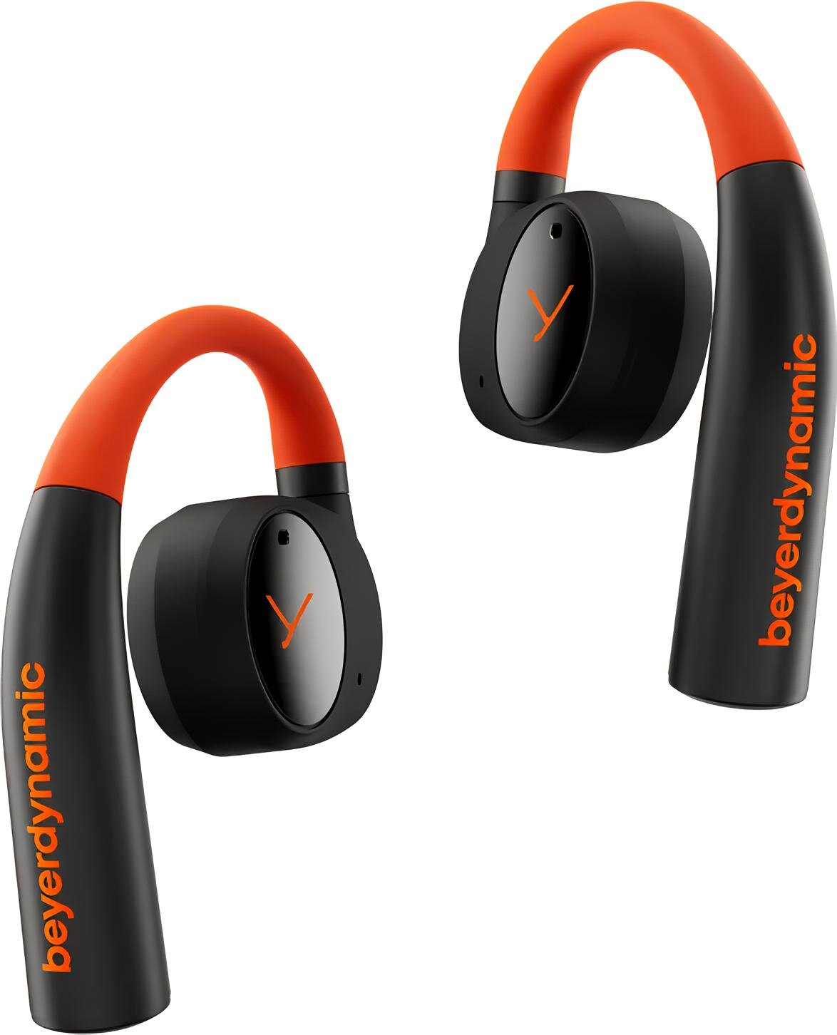 Czarne i pomarańczowe słuchawki douszne. Zostały zaprojektowane tak, aby zaczepiać się wokół ucha. Marka to beyerdynamic.