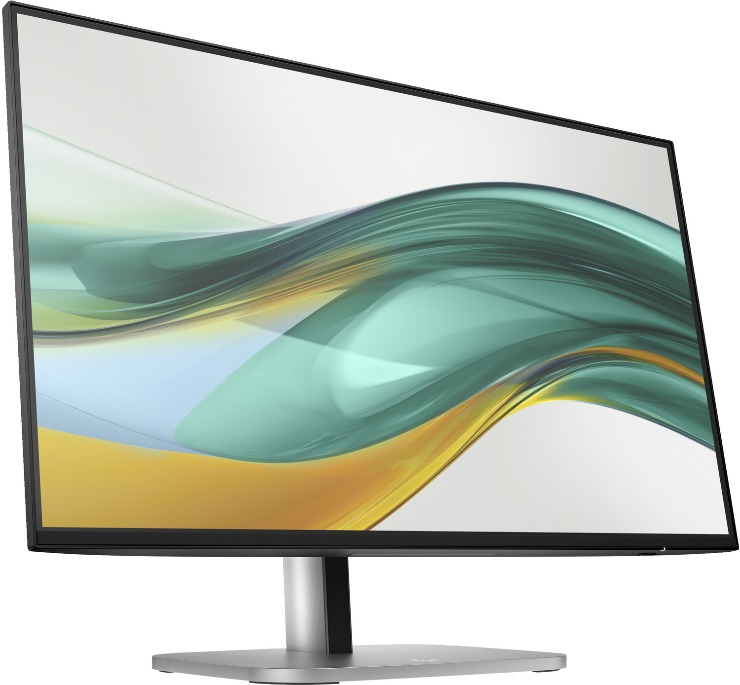 Un monitor con marco negro que muestra formas abstractas verdes y amarillas sobre fondo blanco.