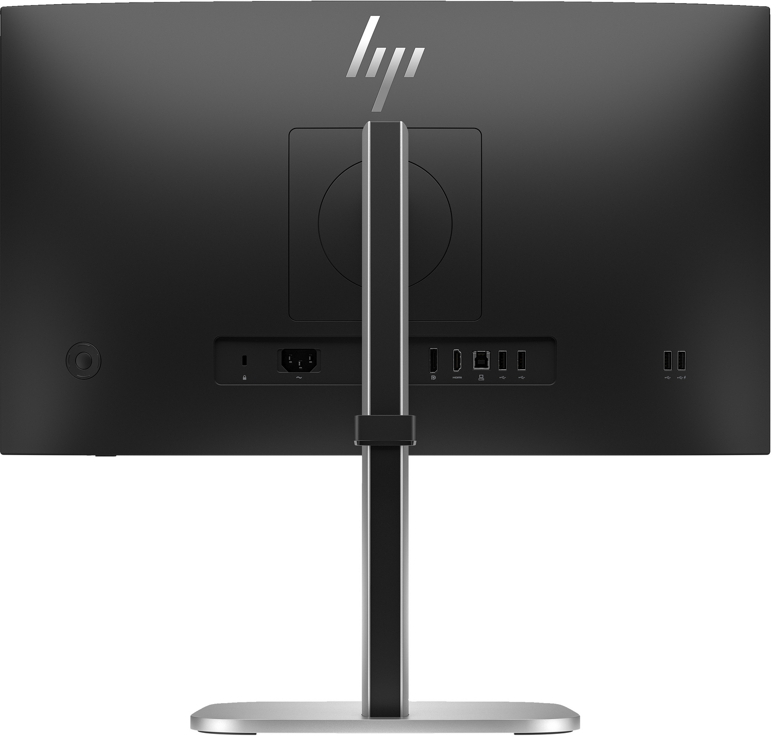 Parte trasera de un monitor HP negro. Incluye puertos, soporte y el logotipo de HP.