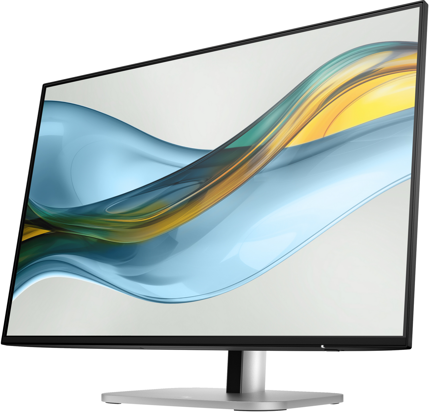 Un monitor de computadora que muestra un patrón ondulado azul, amarillo y verde, sobre una base plateada.