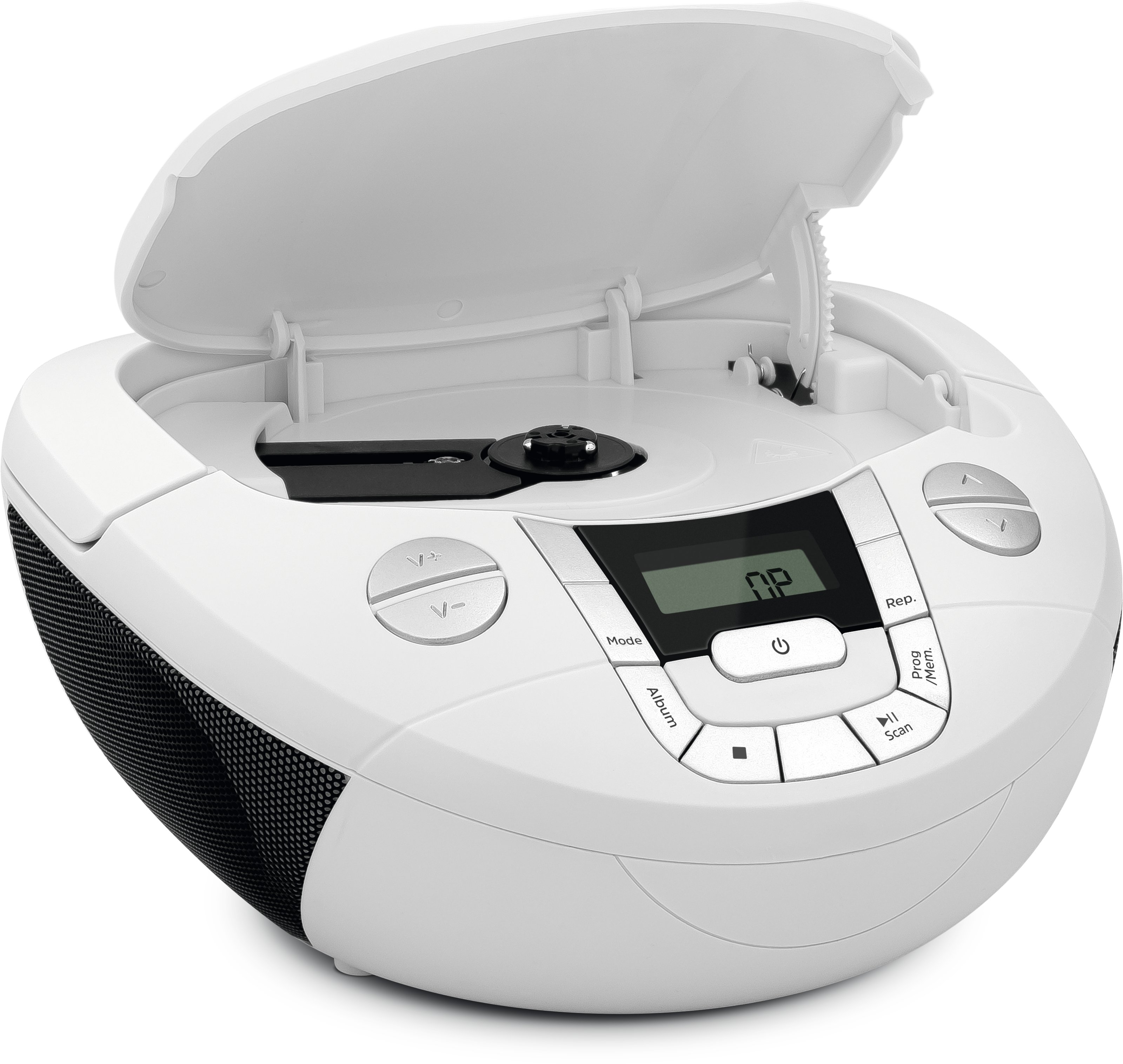 Biały odtwarzacz CD z otwartą pokrywą. Ekran wyświetla „np”. Istnieją przyciski dla różnych funkcji.