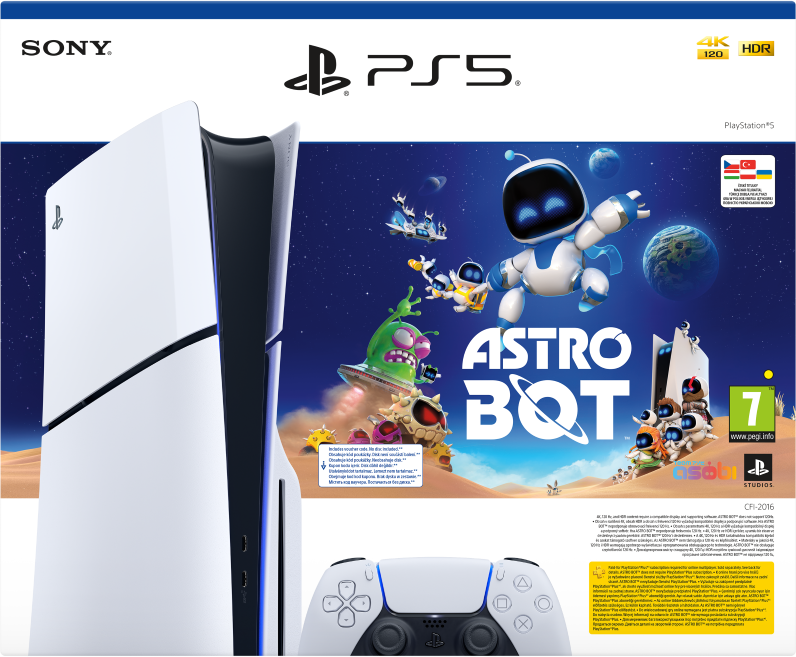Zestaw pudełkowy PlayStation 5 z grą Astro Bot. Biała konsola po lewej, kontroler na dole. Pudełko gry pokazuje postacie Astro Bot.