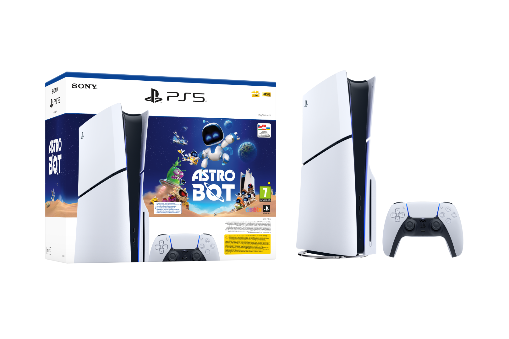 Konsola PS5 z pudełkiem z grą Astro Bot i kontrolerem. Biało-czarny design. Czarne tło.