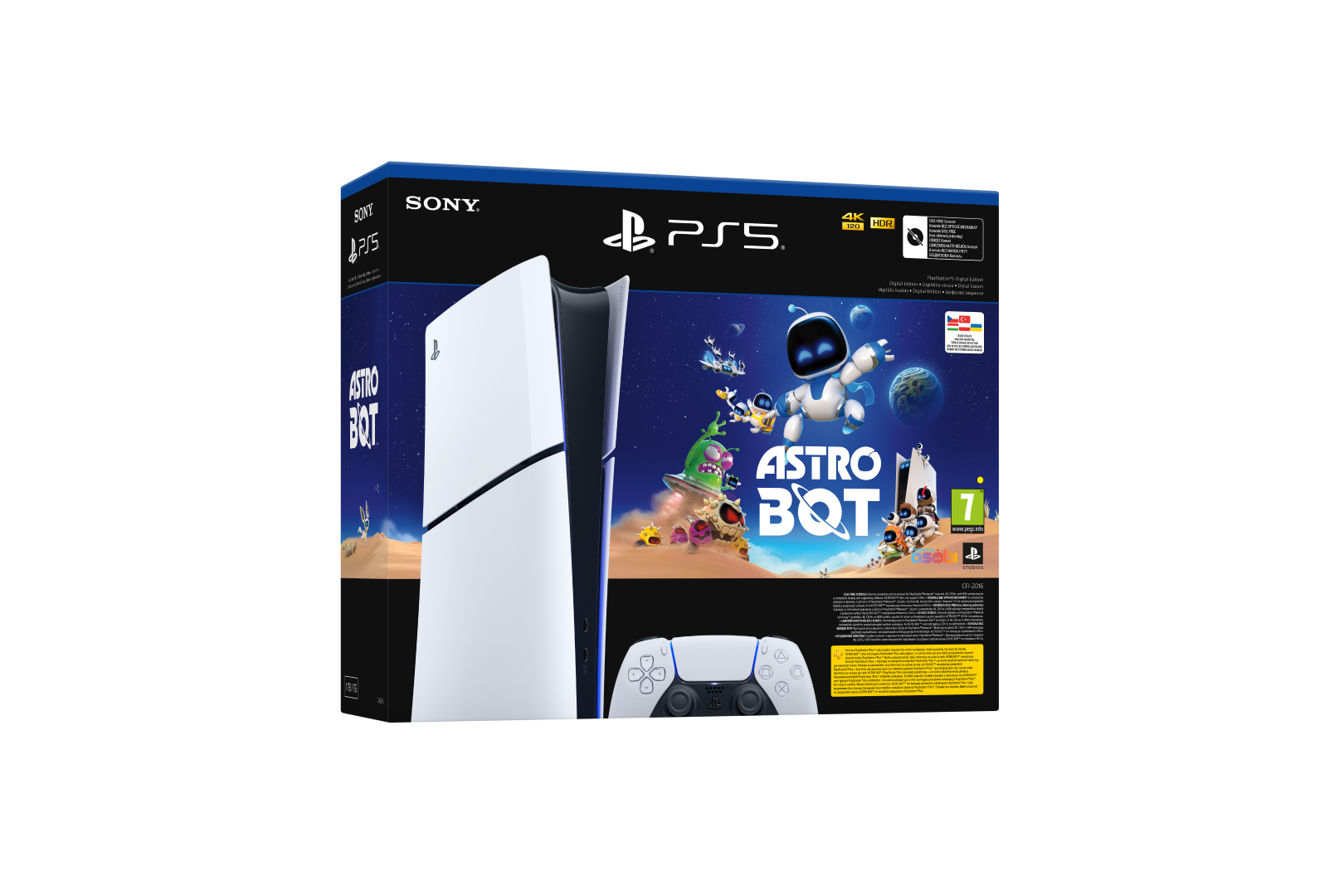 Konsola PlayStation 5, pudełko i kontroler. Pudełko przedstawia grę Astro Bot. Ustawienie na czarnym tle.