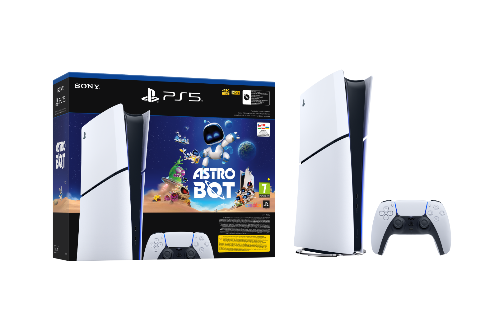 Konsola PS5, pudełko i kontroler. Konsola jest biała z czarnymi akcentami, widoczna gra Astro's Playroom.